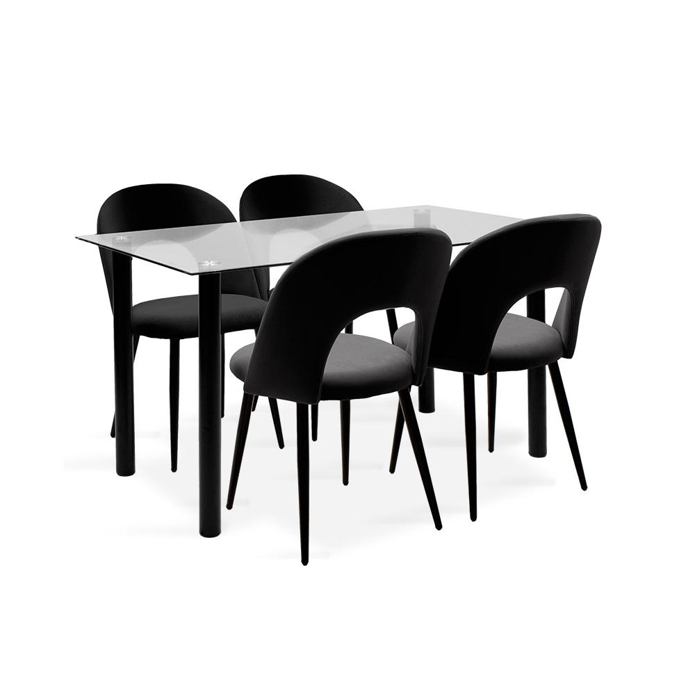 Jídelní set Janet - 4x židle, 1x stůl (sklo, černá)