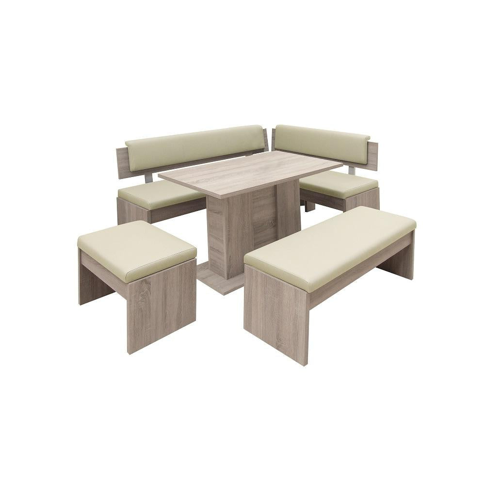 Jídelní set Elinor - rohová lavice, stůl, 2x taburet (dub, béžová)