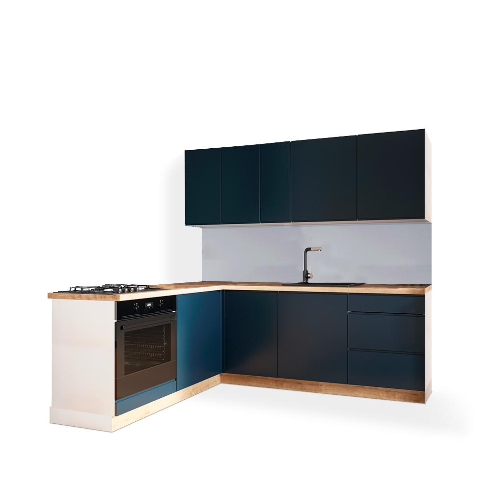 Rohová kuchyně Minea levý roh 230x180 (modrá mat)