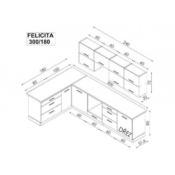 Rohová kuchyně Felicita pravý roh 300x180 cm (šedá, dub lefkas)